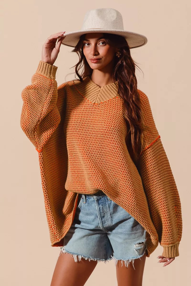 SO ME Womens Sweater Oversized V Neck Camel Orange Two Tone Textured 2642ab2b34e44d13ab80d3a1a122cbe0-Max-Origin Trendsi