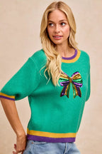 BiBi Sweater Green Mardi Gras Sequin Ribbon Patched Short Sleeve 264764f828684022b69fe520b057f57a-Max-Origin Trendsi