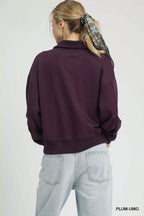 Umgee Women's Sweatshirt Plum Half Zip Collared Drop Shoulder Long Sleeve 2648971a-5a10-478a-b947-550ec666129d-Max-Origin Trendsi