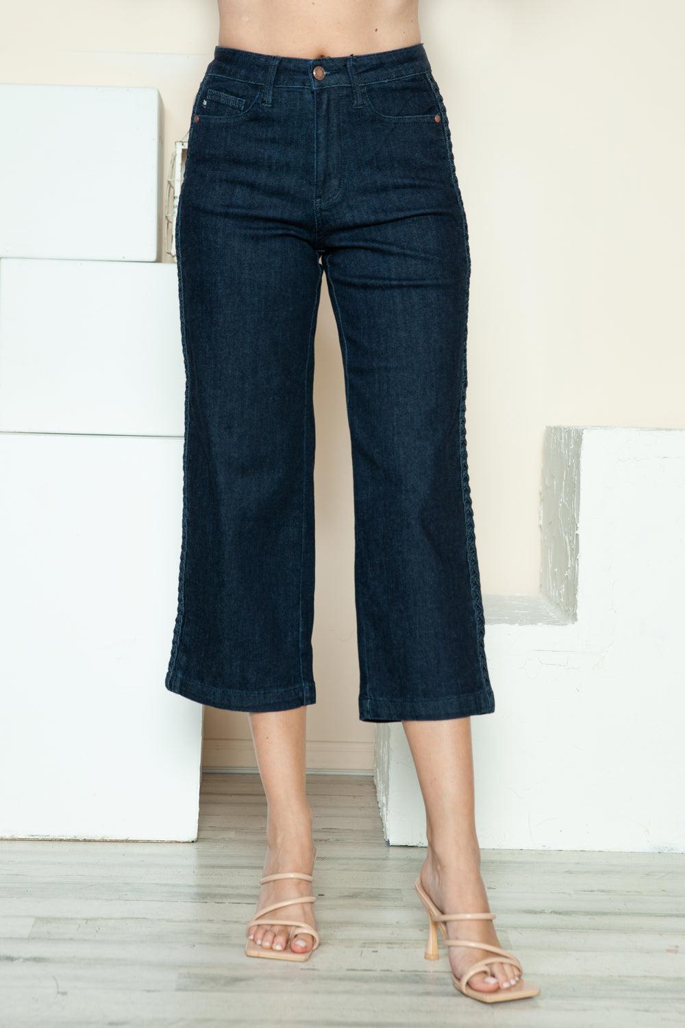 Judy Blue US Crop Wide Leg Jeans Side Seam Braid Detail Denim Capri 26505619-937d-4a6c-92f6-d852ff2ad5d6-Max Trendsi