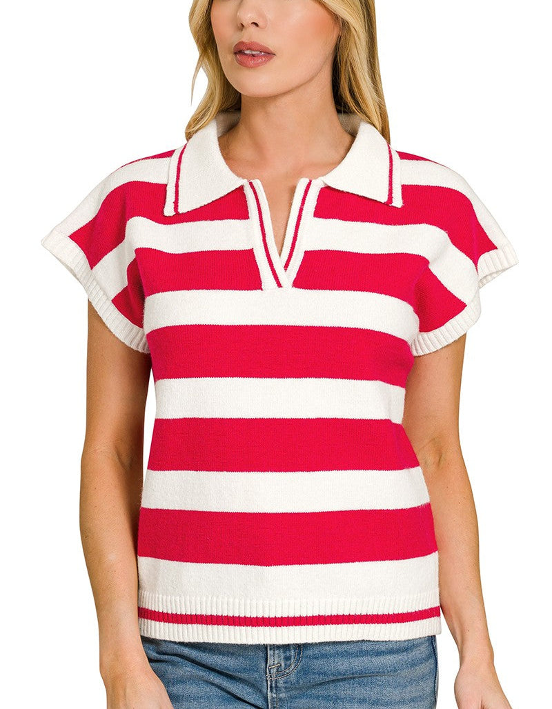 Zenana Striped Collared Short Sleeve Sweater