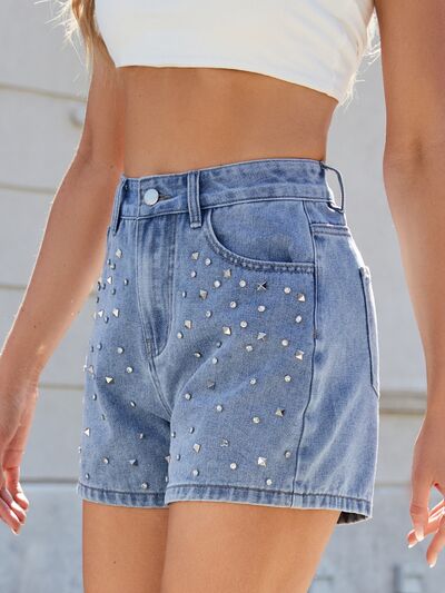 Moni Wear Denim Shorts Women's Rhinestone Washed High Waist 265637f5-28f7-4a4e-b905-6e1ffdec2452-Min Trendsi