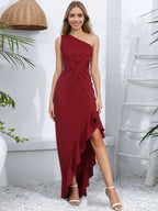 One-Shoulder Ruffled Hem Maxi Dress with Asymmetrical Design
