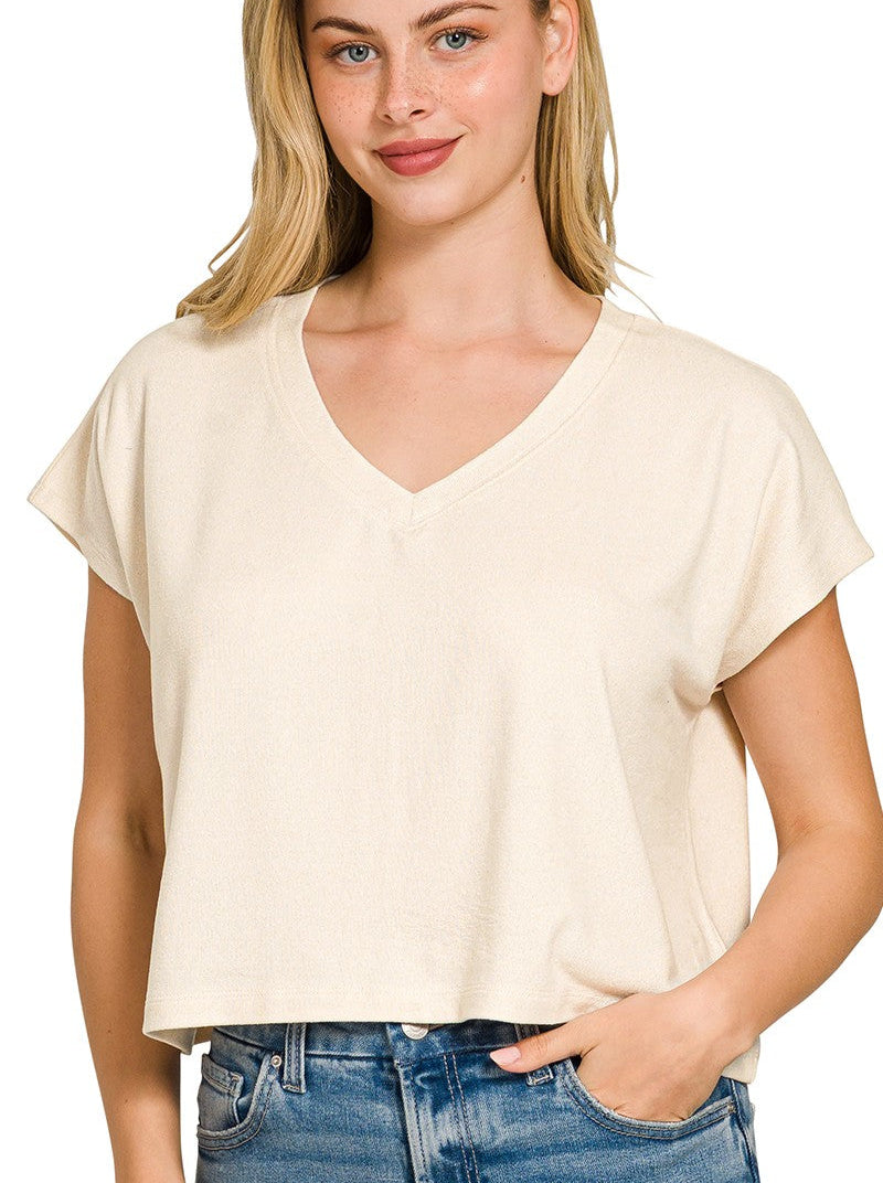 Zenana Soft Melange V-Neck Drop Shoulder Cropped Top