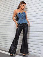 Denim Top Strapless Buttoned Raw Hem Tube Belted 266e808c-f16f-49e2-a619-e44bde91f106-Max Trendsi