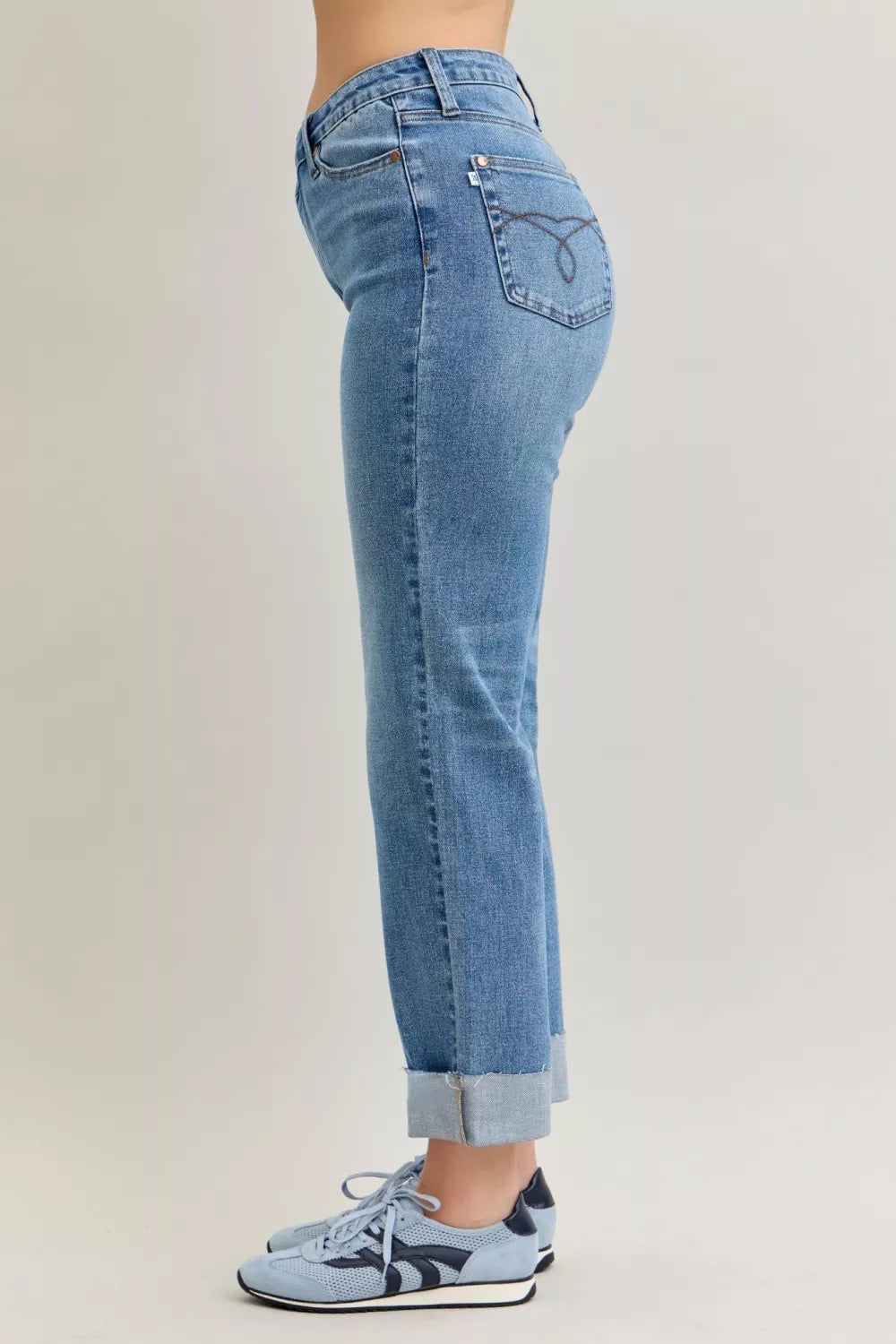 Judy Blue Jeans High Waist Bf Criss-cross Mild Destroy with Single Cuff 26751d9b69594adaa51ff92f07d44a36-Max-Origin Trendsi