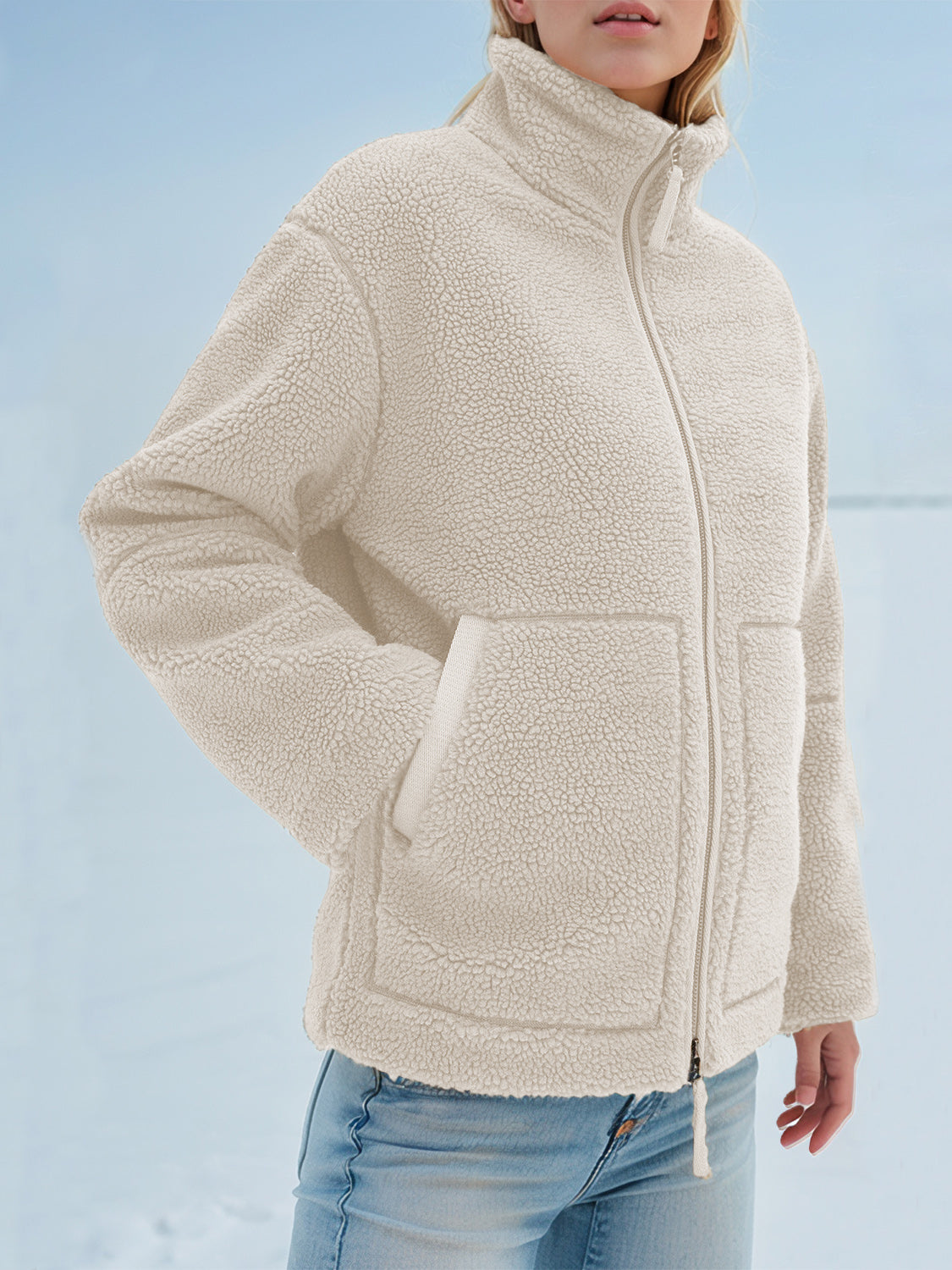 Turtleneck Plush Jacket Women Zip Up Long Sleeve Outer Double Pockets Coat White 26756681-93ac-402a-9494-c2fbbbf0e7ff-Max Trendsi