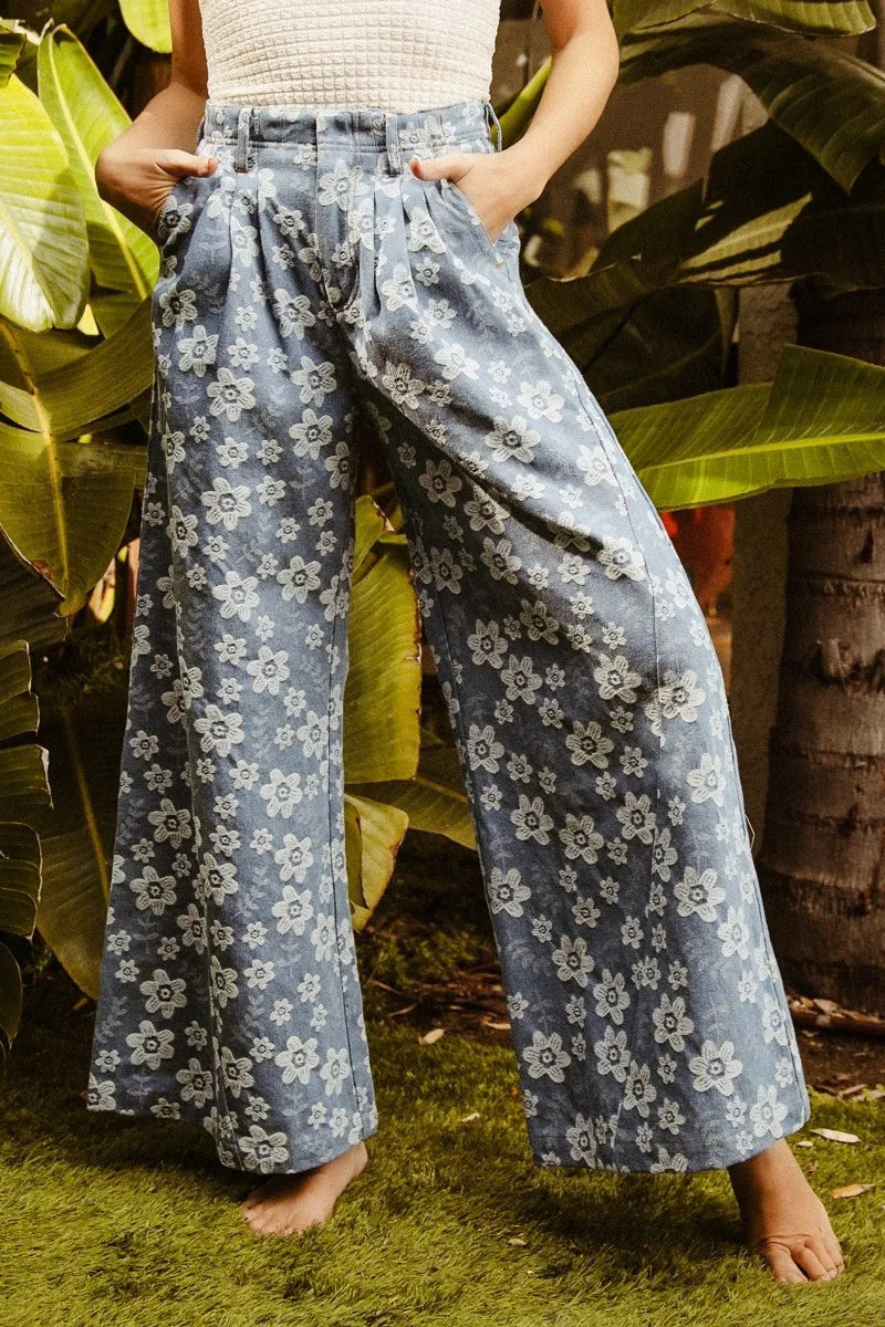 BiBi Jeans Blue Floral Texture Wide Leg High Waisted Pocketed Pants 267614888b5c48b2a76f67dfdb5a4880-Max-Origin Trendsi