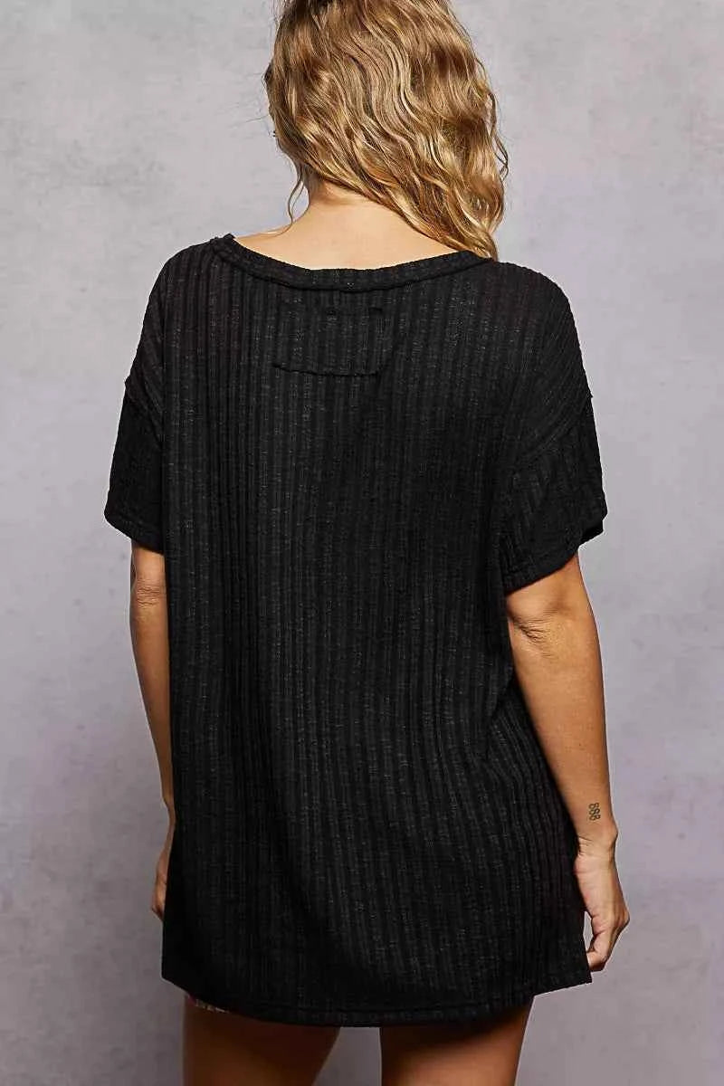 POL Ribbed Women T-Shirt Black Knit V-Neck Short Sleeve Top 26779194-61cf-4f14-8229-3a84438a03ac-Max-Origin Trendsi
