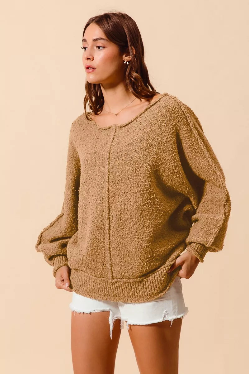 SO ME Womens Sweater Taupe Loose Fit Exposed Seam Slouchy Boucle 2689d84de1624db2809c3327b10b3f91-Max-Origin Trendsi