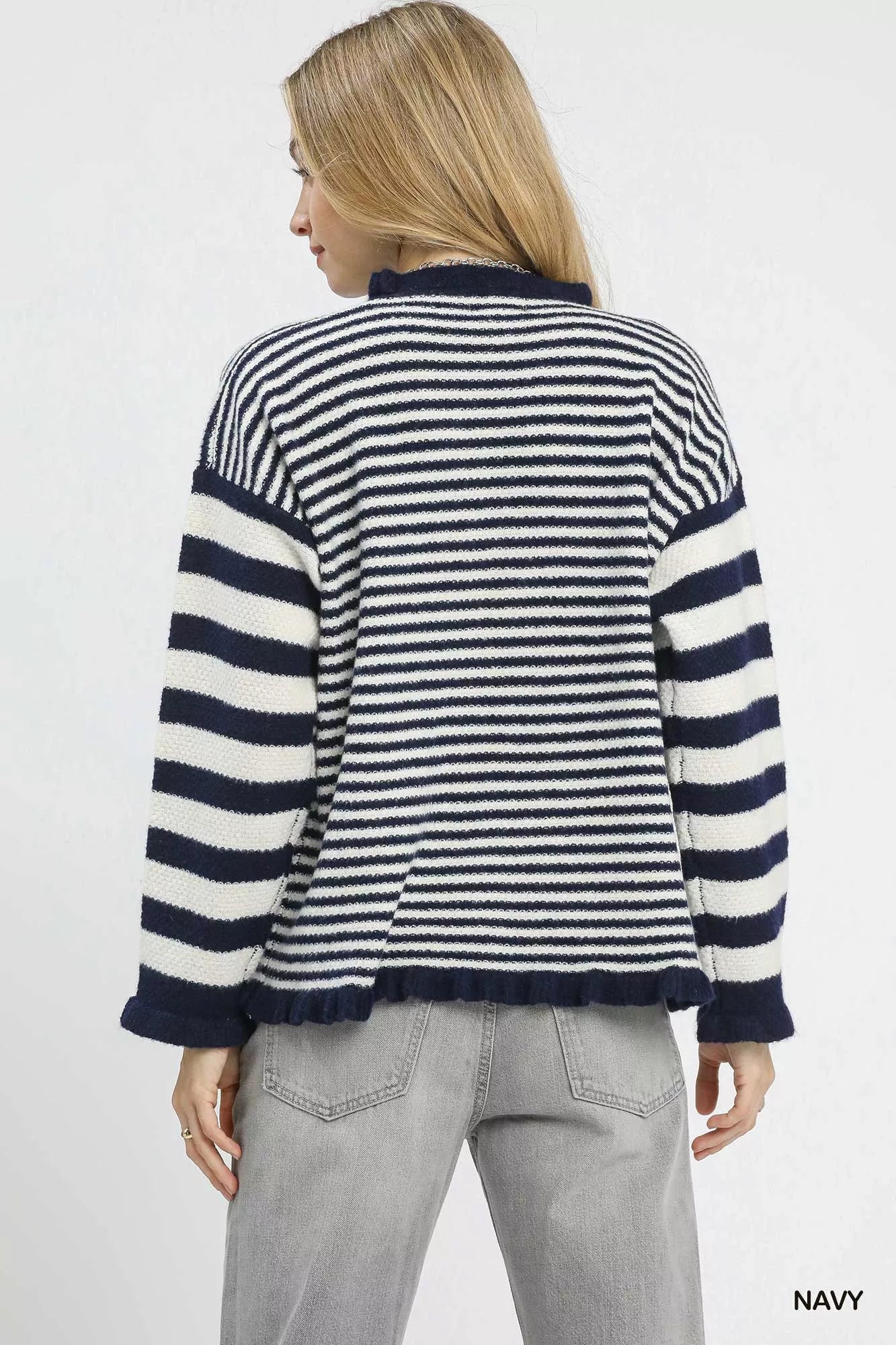 Umgee Womens Sweater Navy Striped Ruffle Neck Loose Pullover 2690f3de-e62e-4e70-b9be-cde28e651357-Max-Origin Trendsi