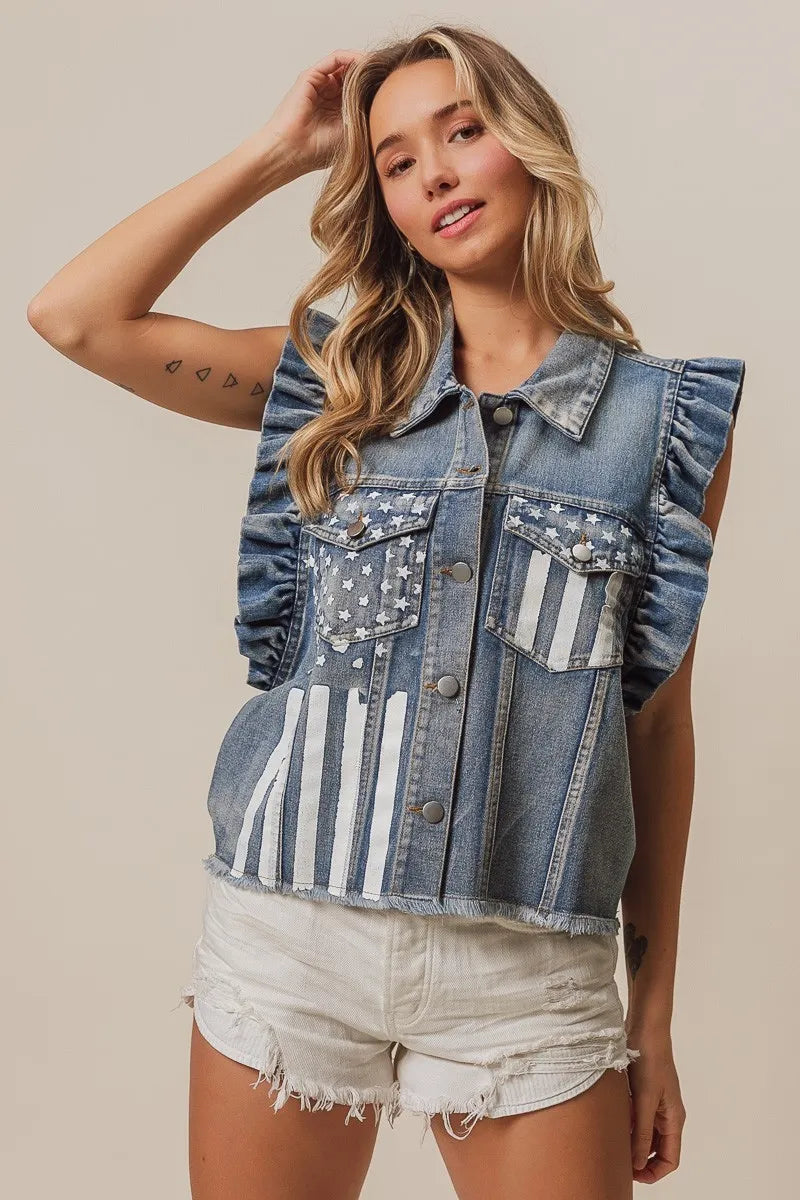 BiBi Denim Jacket American Flag Pockets Washed Ruffled Sleeves 2691234f-210c-4be4-a152-02f0dfe9669a-Max Trendsi