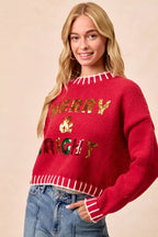 BiBi Christmas Theme Sweater Sequin Lattering Womens Red Knit Pullover 2693689a13dd4c2c9250eac2327ecf44-Max-Origin Trendsi