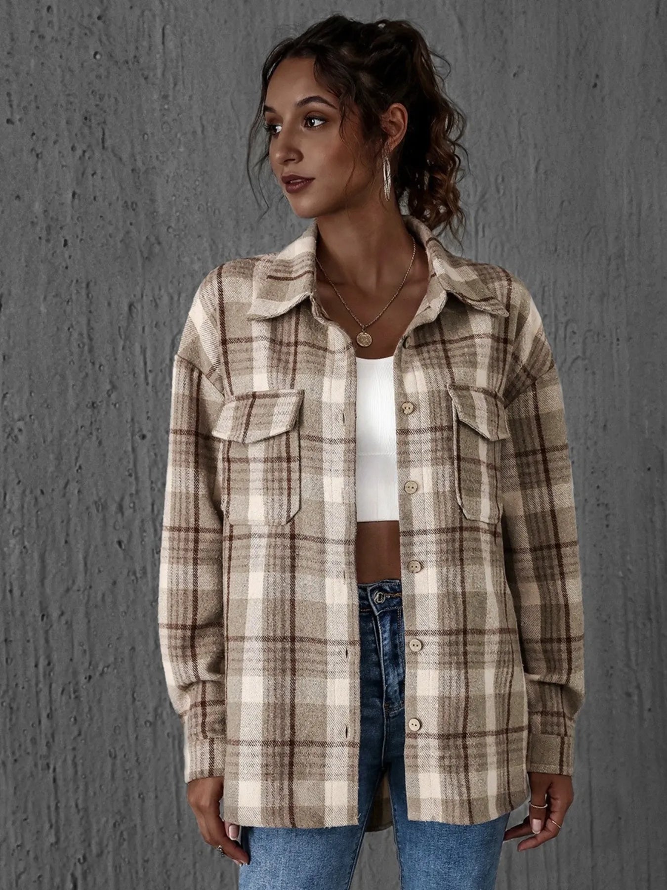 Women's Plaid Shirt Button-Up Long Sleeve Oversized Pocketed Top 2695a374-8638-46ec-85a5-09e329cd106e-Max-Origin Trendsi