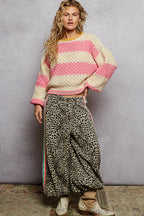 POL Women's Sweater Pink Contrast Striped Round Neck with Textured Cable Knit 269a31a1-1206-4ba9-8e58-a690a89b1ce0-Max-Origin Trendsi