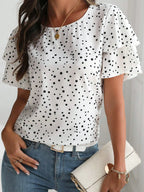 Women's Blouse Polka Dot White Layered Ruffled Short Sleeve Top White 269b7e20cd974003b7ed578aa283b7ec-Max-Origin Trendsi