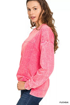 Zenana Pullover Fucshia Pink Acid Wash French Terry Exposed-Seam Top 269e34b31c80404db943592cc2136c42-Max-Origin Trendsi