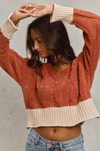 SO ME Cropped Sweater Rust Contrast Chenille Cable Knit V Neck Top 26a02c24726943a8bdffc40d78e85c7a-Max-Origin Trendsi