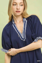 Umgee Mini Dress Navy French Terry with Ruffled Striped Trim Short Sleeve 26a4c297-fac2-4be6-8021-004feb2cf368-Max-Origin Trendsi