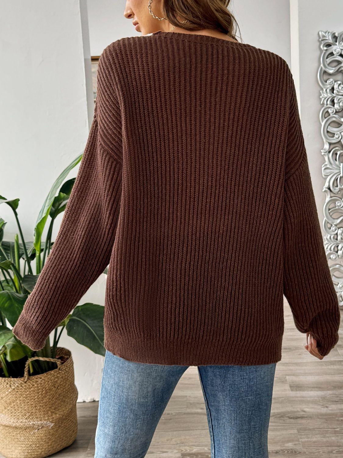 Sweater V Neck Contrast Dropped Shoulder Long Sleeve Knitwear 26ba9295-f1a8-4f26-894f-fe9c92b9a94f-Max Trendsi