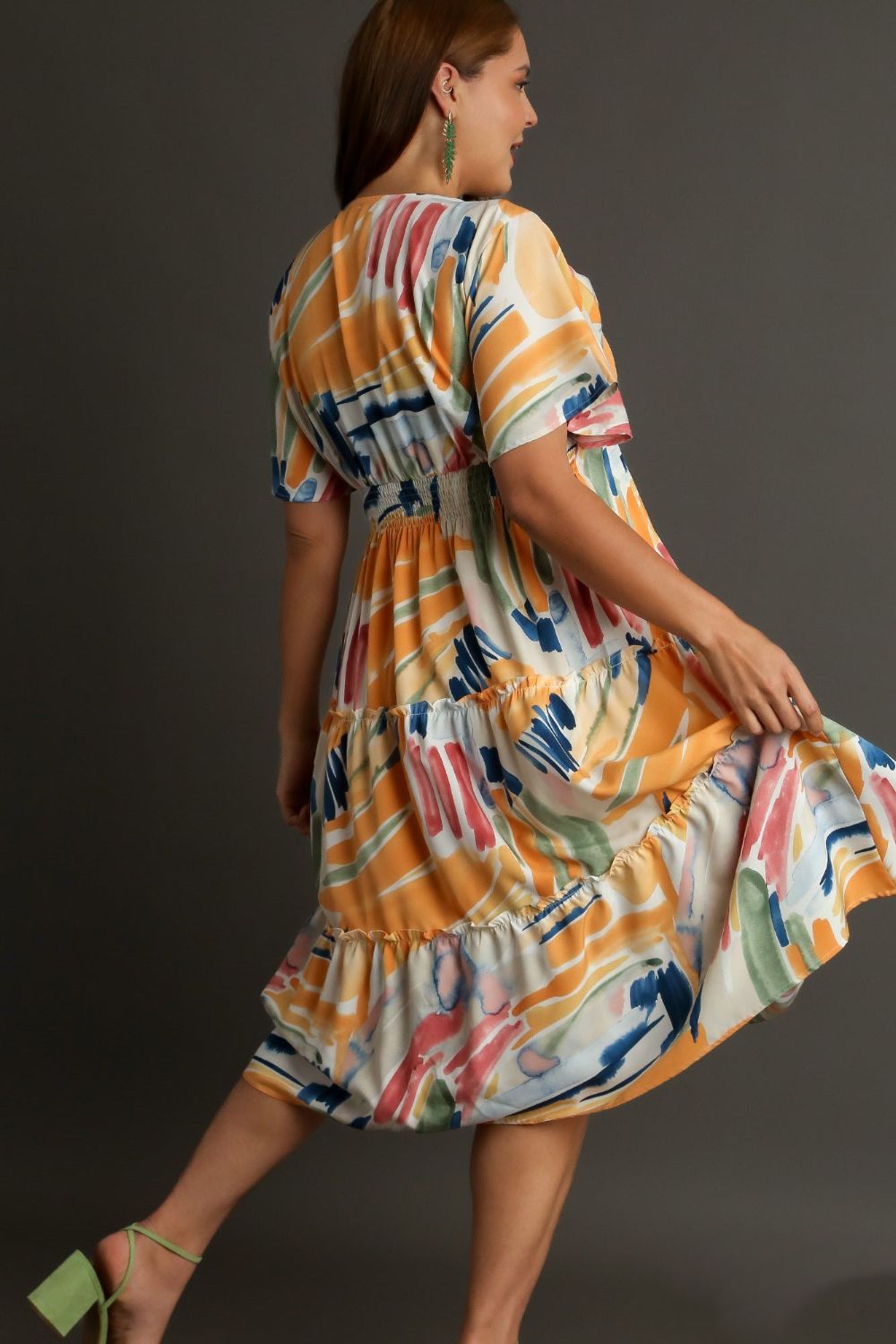 Umgee Midi Dress Abstract Colorful Print Flutter Short Sleeve Frill Tiered