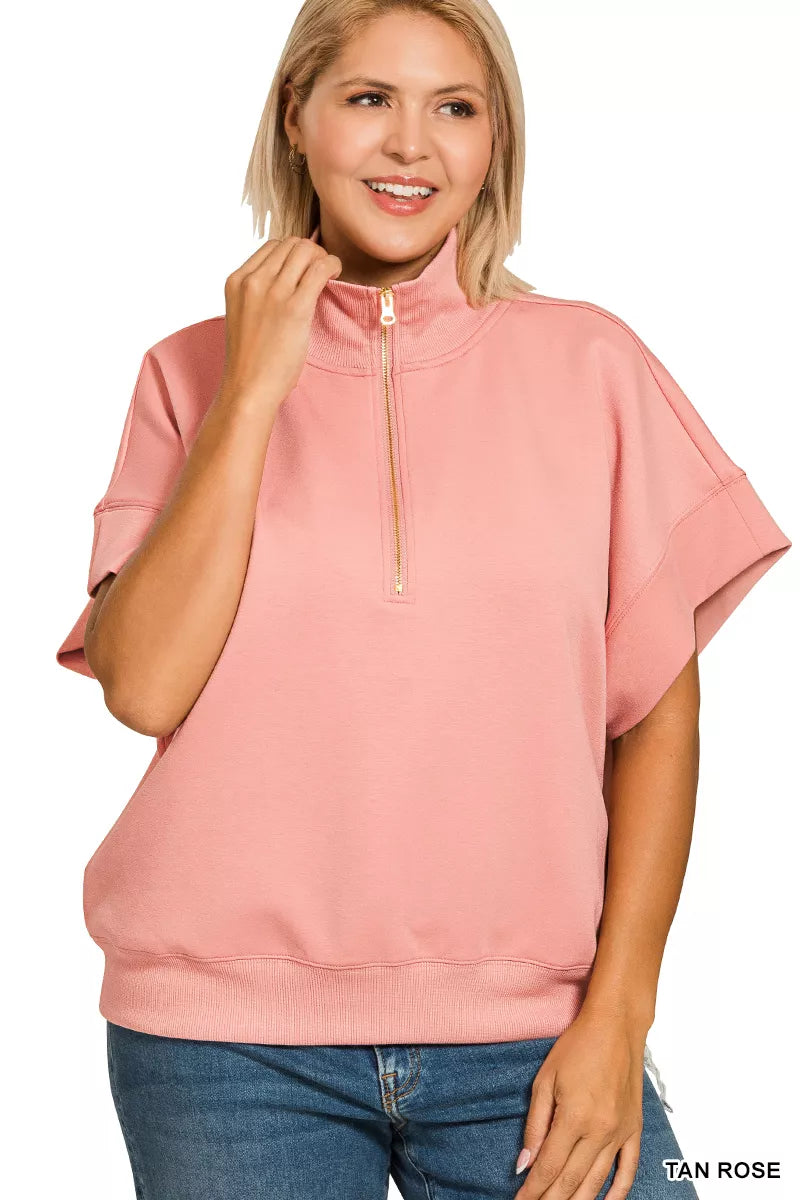 Zenana Sweatshirt Rose Scuba High Neck Half Zip Short Sleeve Top Plus Sizes 26c01060-d5ef-4790-b85d-46d758d5ba71-Max-Origin Trendsi