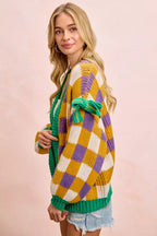 BiBi Women Cardigan Mardigras Checker Board Front Open Bow Sleeves 26c1c6601a354ae48e0e6ae6d53a8304-Max-Origin Trendsi