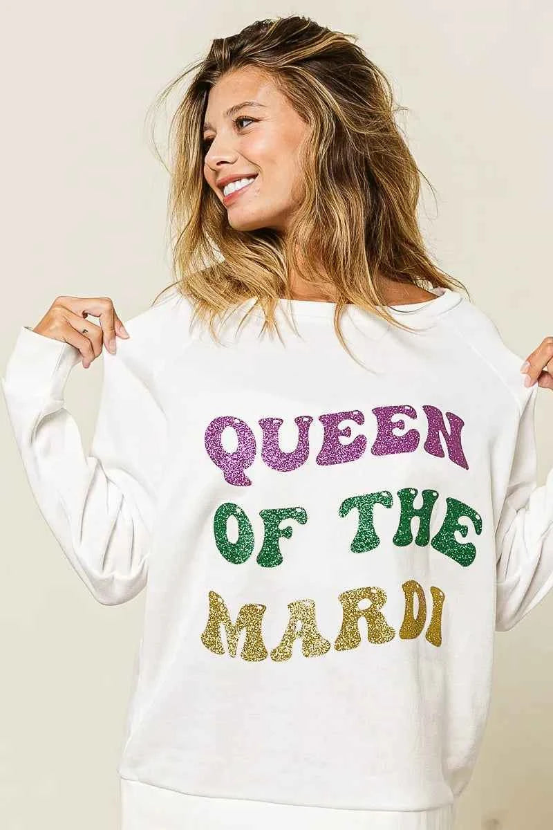 BiBi Women’s Mardi Gras Glitter Print Sweatshirt Queen of Mardi Casual Top