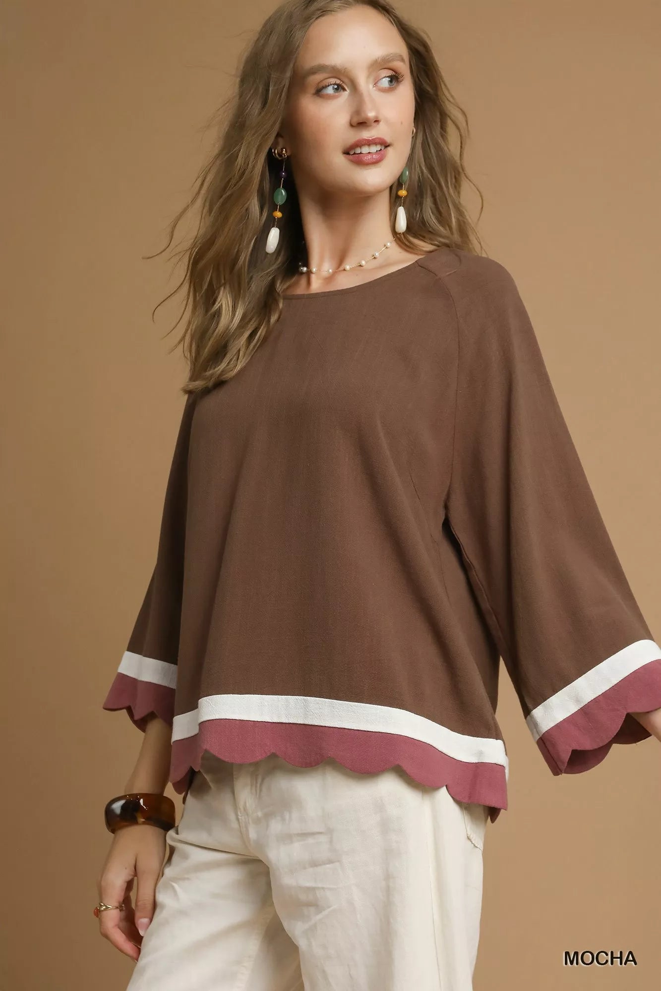 Umgee Women's Blouse Linen Blend Mocha Scalloped Hem Color Block Top 26ce6900-c354-47d5-9c17-dfb55b90db60-Max-Origin Trendsi