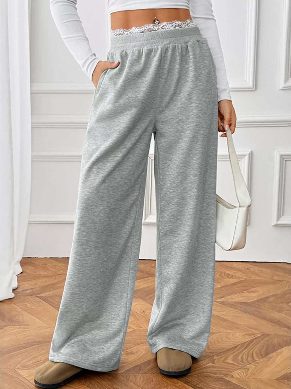 Women's Joggers Gray Wide Leg Lace Waistband Detail Casual Pants 26d351e22f2a4b1babb58ff88e6d0a0e-Max-Origin Trendsi