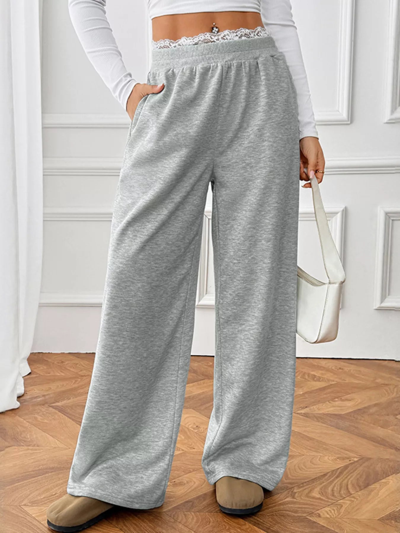 Women's Joggers Gray Wide Leg Lace Waistband Detail Casual Pants 26d351e22f2a4b1babb58ff88e6d0a0e-Max-Origin Trendsi