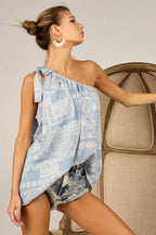 BiBi Top One Shoulder Tied Ribbon Blue Aztec Printed Woven Asymmetrical Blouse 26d9d98285dd431eb651ec543dfeadbf-Max-Origin Trendsi
