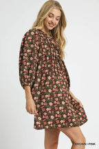 Umgee Babydoll Short Dress Brown Pink Floral Tie-Neck 3/4 Sleeve Ruched 26dfecdd-c23a-4c4a-ad41-bd8990e52ec1-Max-Origin Trendsi