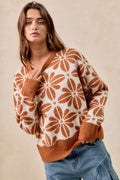 BiBi Sweater Women's Flower Pattern Rust Ivory Long Sleeve Knit Pullover RUST IVORY 26e4349d7b37415b812c10ea9daa97c8-Max-Origin Trendsi