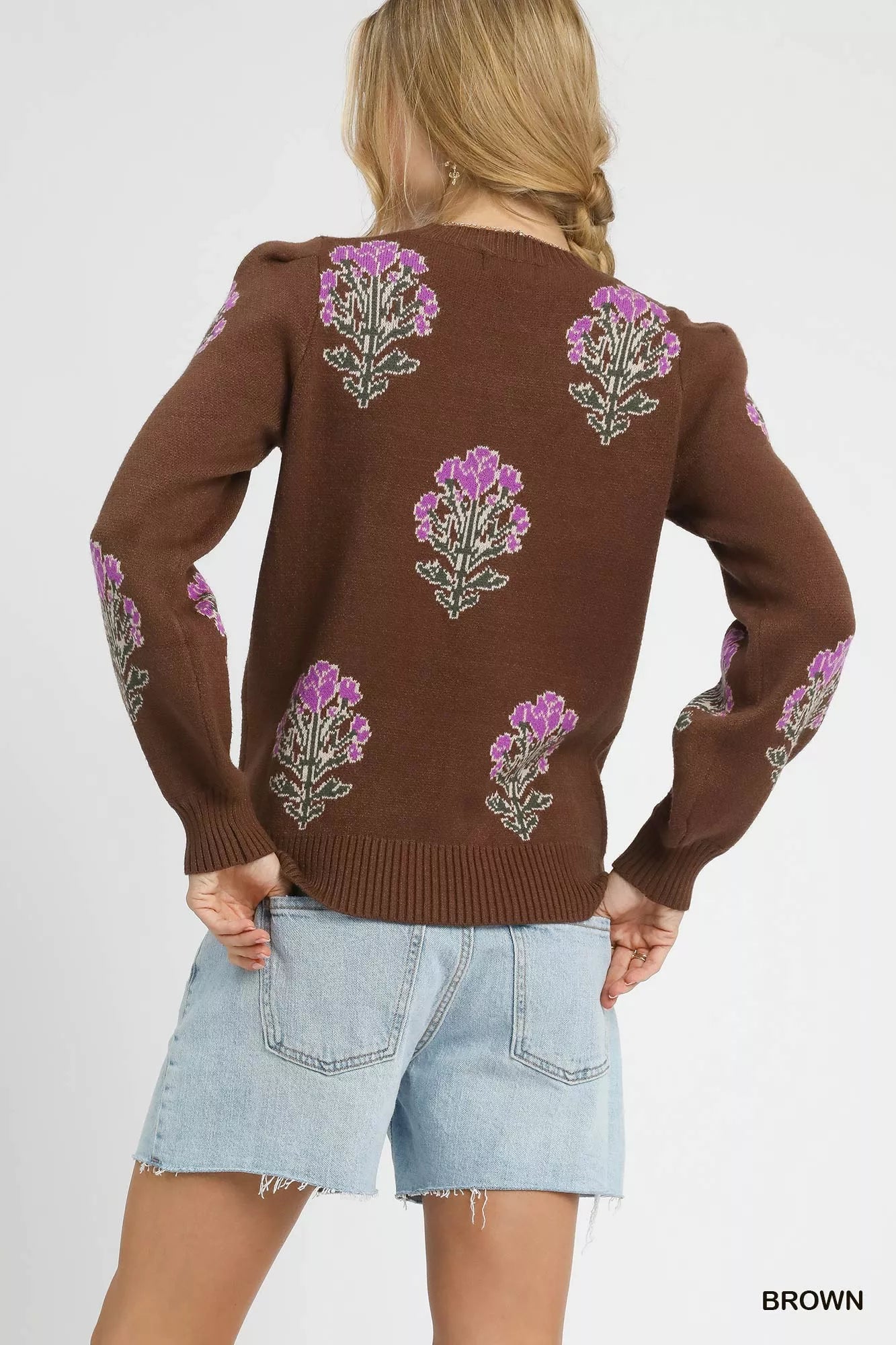 Umgee Womens Sweater Brown Jacquard Single Flower Stem Knit Pullover 26e482e1-423f-4b1b-8524-27d4bcdc0607-Max-Origin Trendsi