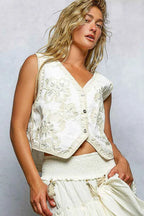 POL Embroidered Floral V-Neck Button Down Crochet Vest