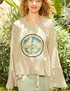 POL V-Neck Top Peace Round Patch Embroidered Exposed Seam Back Ruffle Wheat Grass 26f33b1a-4694-4e55-8954-92a55ab24b95-Max Trendsi
