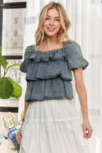 ADORA Ruffle Blouse Denim Washed Layered Short Puff Sleeve Top DENIM 26f56c93c4584f6eaf3baaf7f8f53dcc-Max-Origin Trendsi