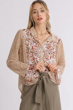 Umgee Shirt Floral Mixed Print Metallic Detail Long Ruffle Sleeve Top OFF WHITE MIX 26f6859f-02c4-4515-9cdb-e5973266aa19-Max Trendsi