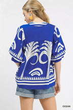 Umgee Blouse Folk Art Palm Print Ocean Blue Puff Short Sleeve Top 26fab140-d428-42d9-ba29-f4f027b20b89-Max-Origin Trendsi