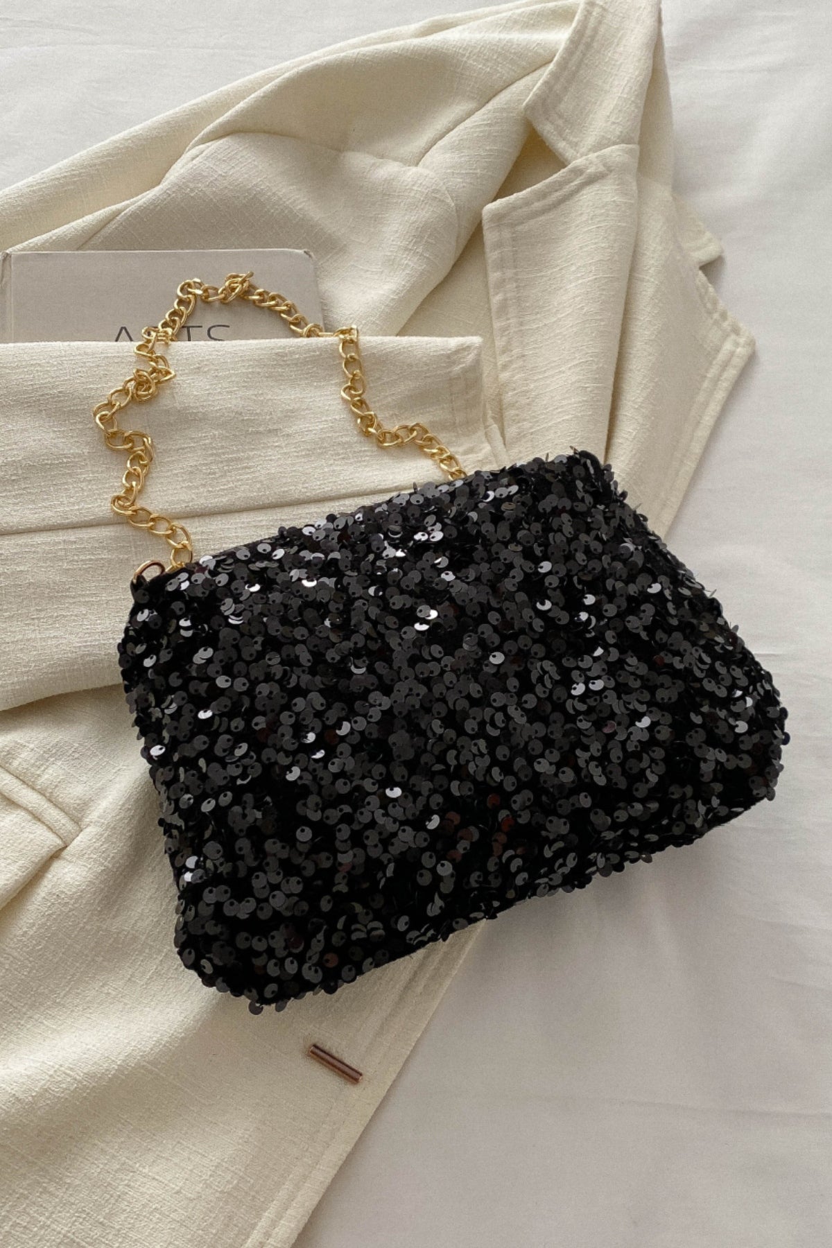 Sequin Shoulder Bag Women Small Chain Metal Strap Zipper Purses