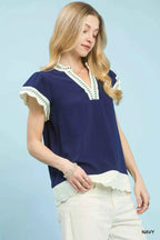 Umgee Blouse Navy Contrast Scallop Trim Top Short Sleeve 2701b313-fbfe-4721-9922-1b6b1d7f06a3-Max-Origin Trendsi