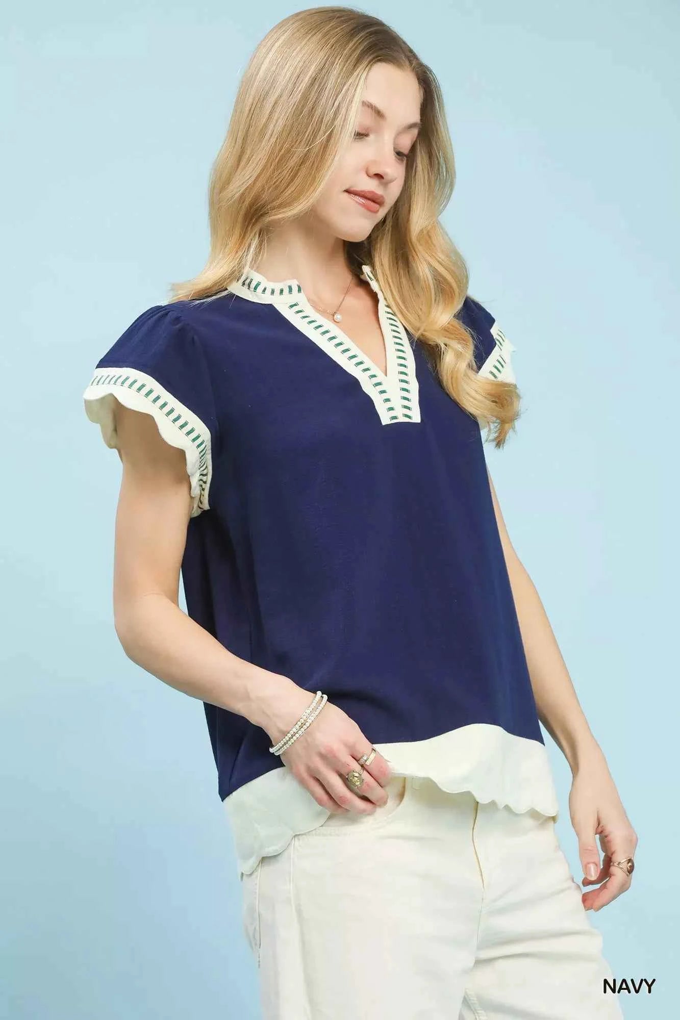 Umgee Blouse Navy Contrast Scallop Trim Top Short Sleeve 2701b313-fbfe-4721-9922-1b6b1d7f06a3-Max-Origin Trendsi