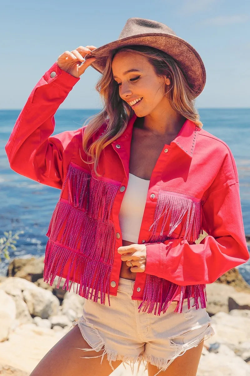 BiBi Jacket Rhinestone Fringe with Studed Collar Tasseled Fuchsia Pink 2707fc2123364a62a02efff144a715ad-Max-Origin Trendsi