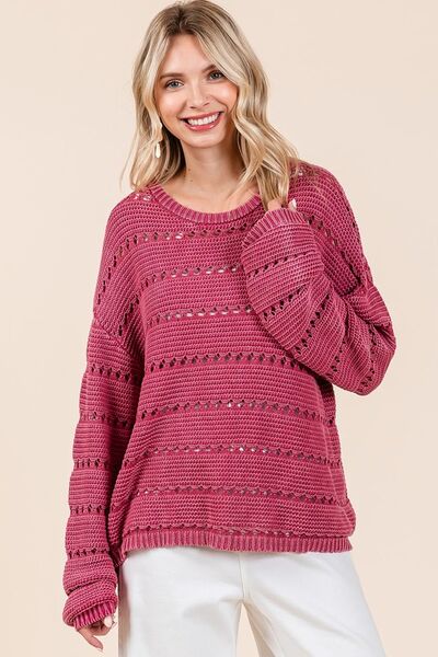 Mittoshop Openwork Sweater Round Neck Drop Shoulder Long Sleeve RASPBERRY 2708ee77-083a-47f8-81db-e2bcc89fe926-Min Trendsi