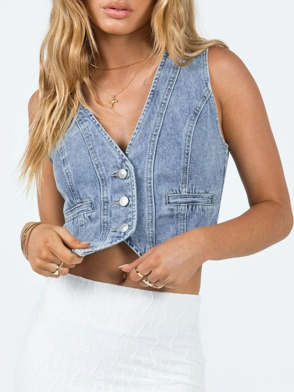 V-Neck Button-Up Denim Vest