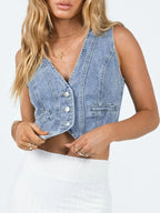 V-Neck Button-Up Denim Vest