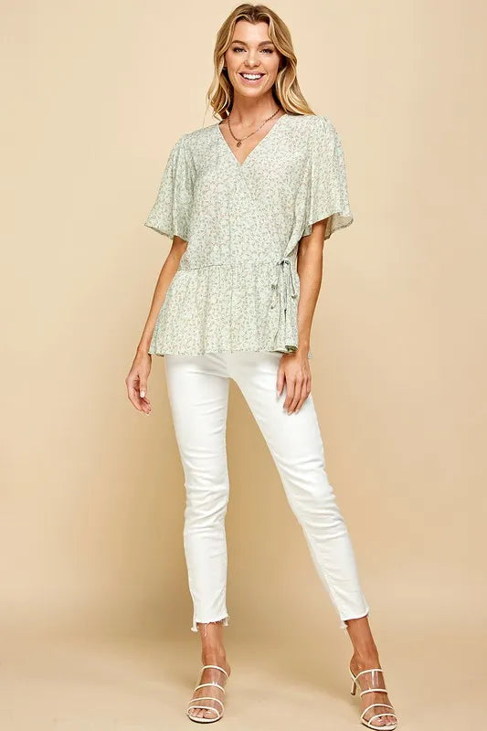 Lime 'N' Chili Wrap Blouse Ditsy Print V-Neck Short Sleeve 270f26ac364c488994f69e45fe9678ab-Max-Origin Trendsi