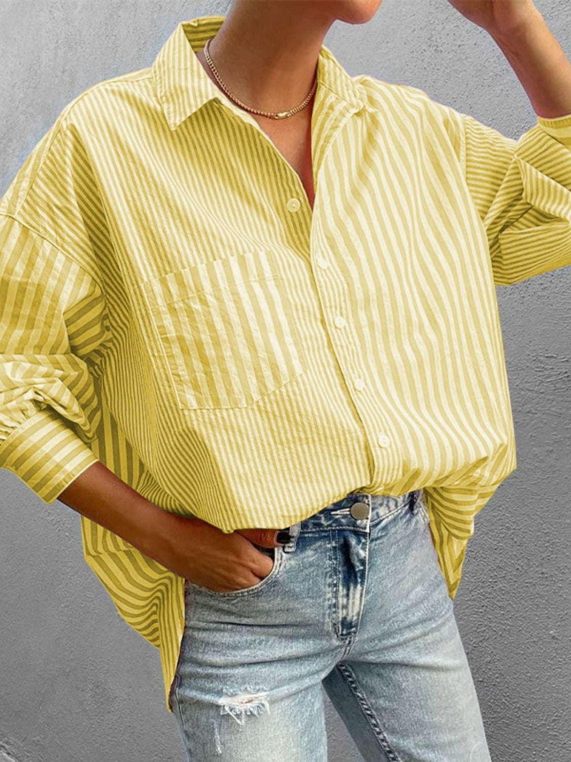 Women's Striped Shirt Button Down Long Sleeve Pink Pocketed Blouse Top 2719963f-e27b-4ffa-a396-c730679ec169-Max Trendsi