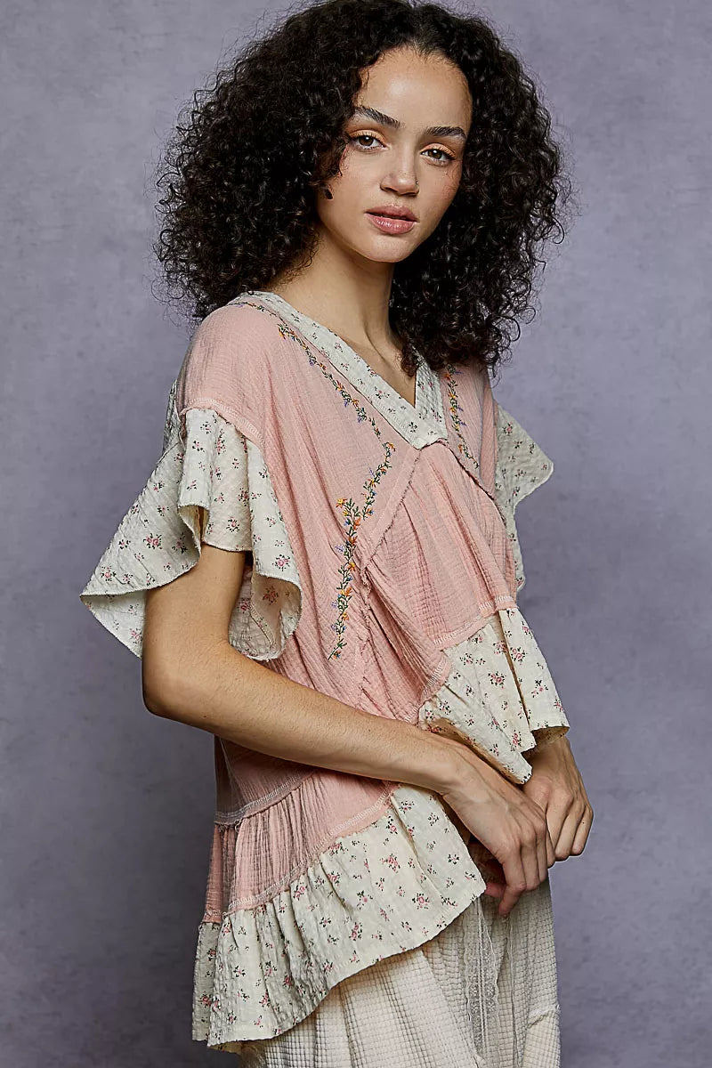 POL Floral Blouse V-Neck Short Sleeve Ruffled Double Gauze Top Embroidered 273160b9-a4b6-4b5b-9ed6-995eb208b9a6-Max-Origin Trendsi